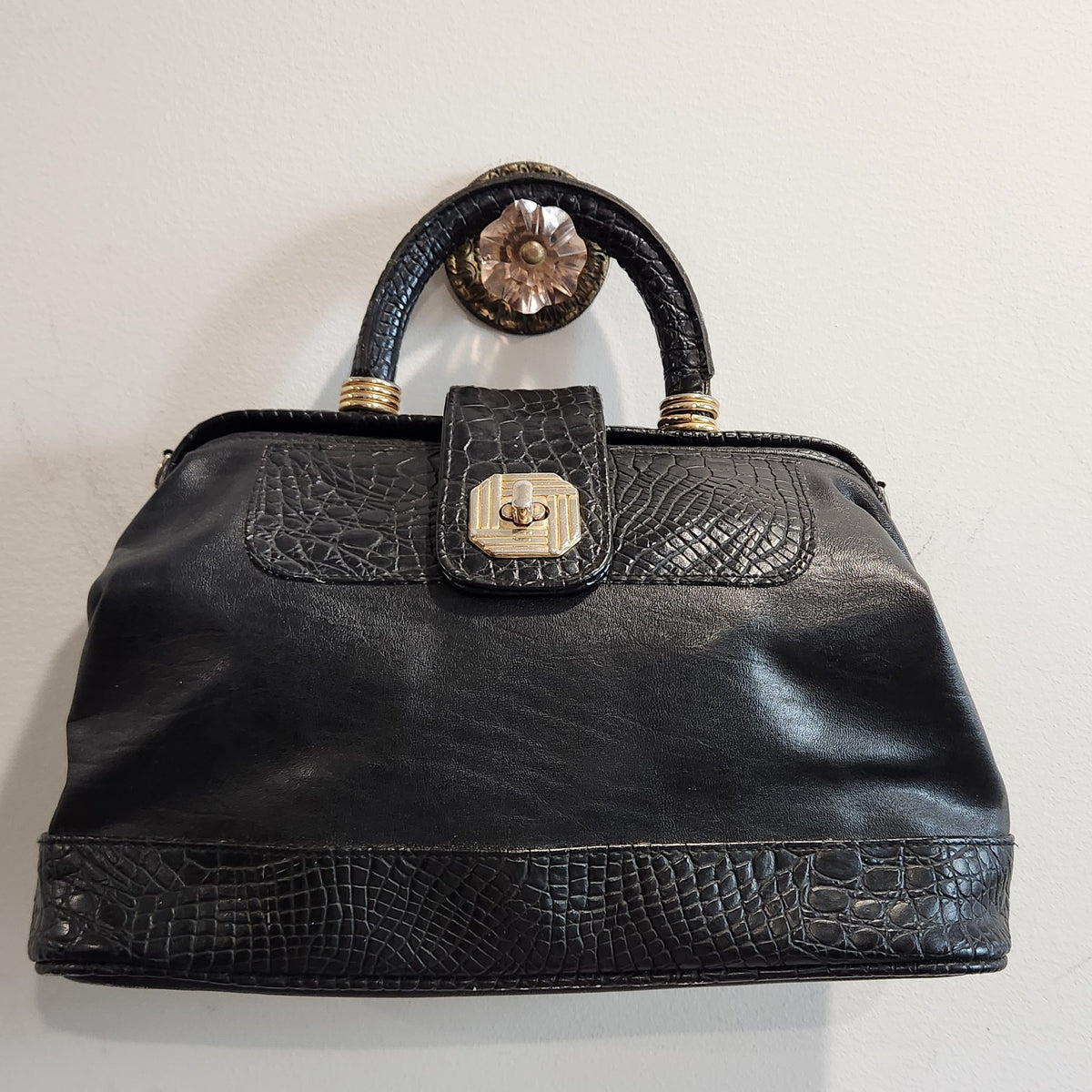 LaTique black crocodile-embossed satchel, front view