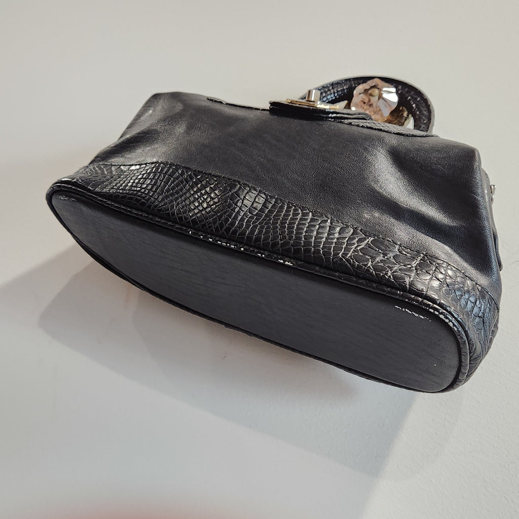 LaTique satchel structured base and crocodile-embossed trim