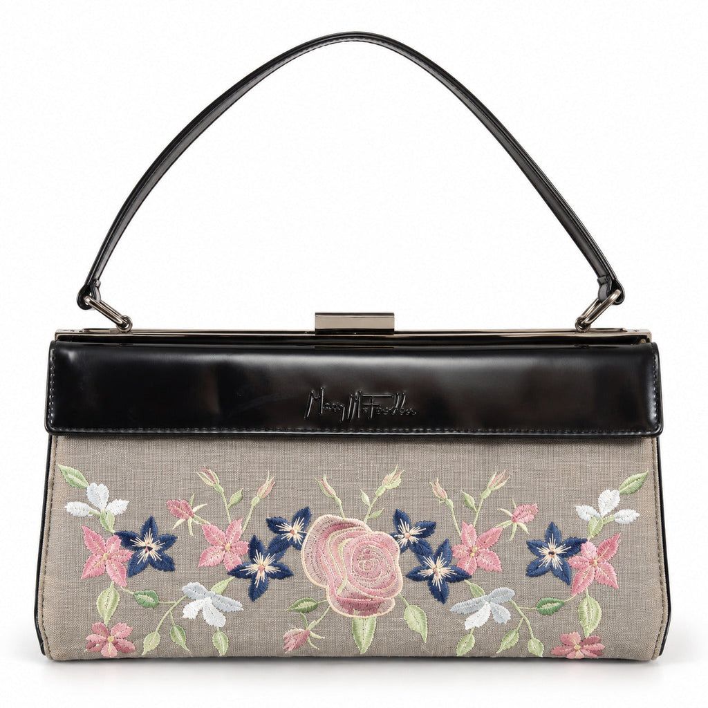 Mary McFadden vintage 3-in-1 handbag, embroidered floral panel on white, editorial-enhanced image