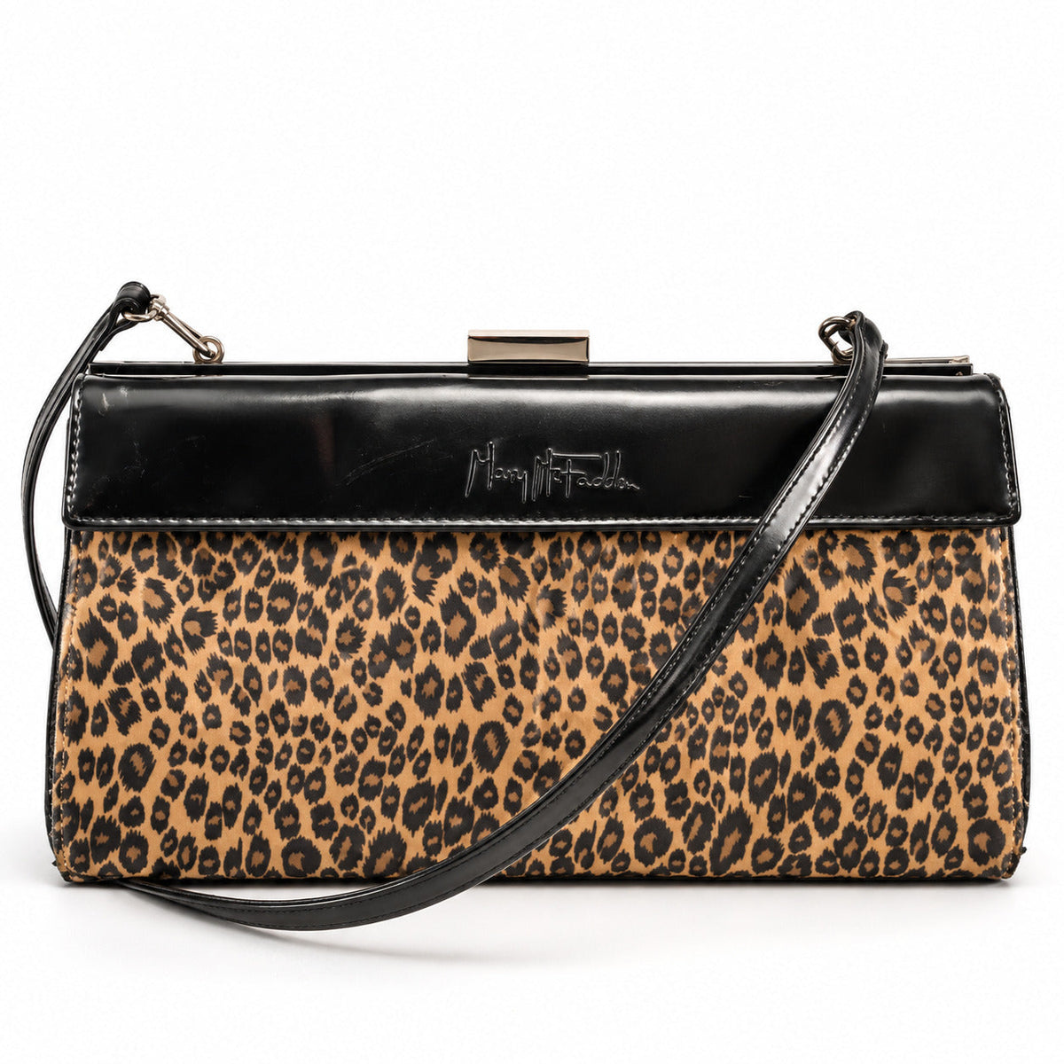 Mary McFadden vintage 3-in-1 handbag, leopard-print panel on white, editorial-enhanced image