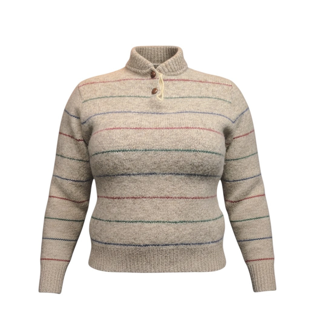 Lucille Golden Vintage, LLC beige wool sweater with a mock neck, button placket, and thin multi-coloured stripes.