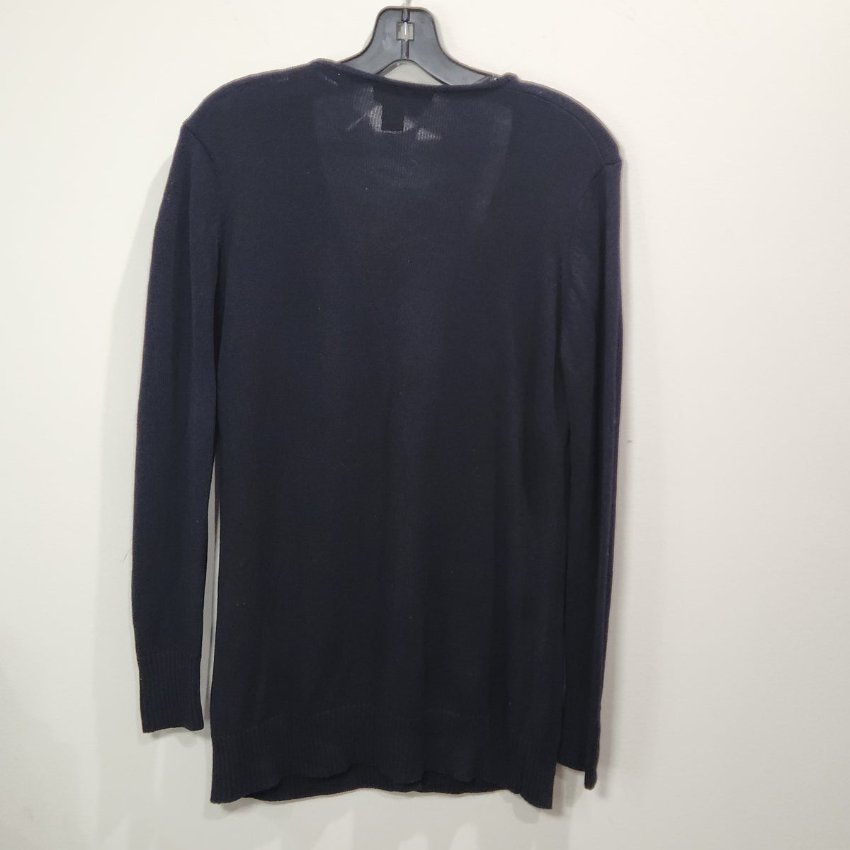 Lucille Golden Vintage, LLC black Donna Karan New York V-neck cardigan sweater with ribbed hem and cuffs, back view