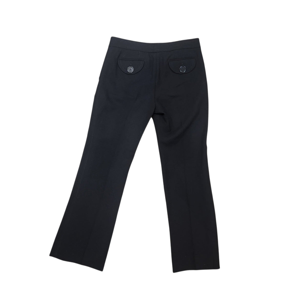 Lucille Golden Vintage, LLC black Marc Jacobs wool trousers featuring button-flap back pockets on a textured rug.