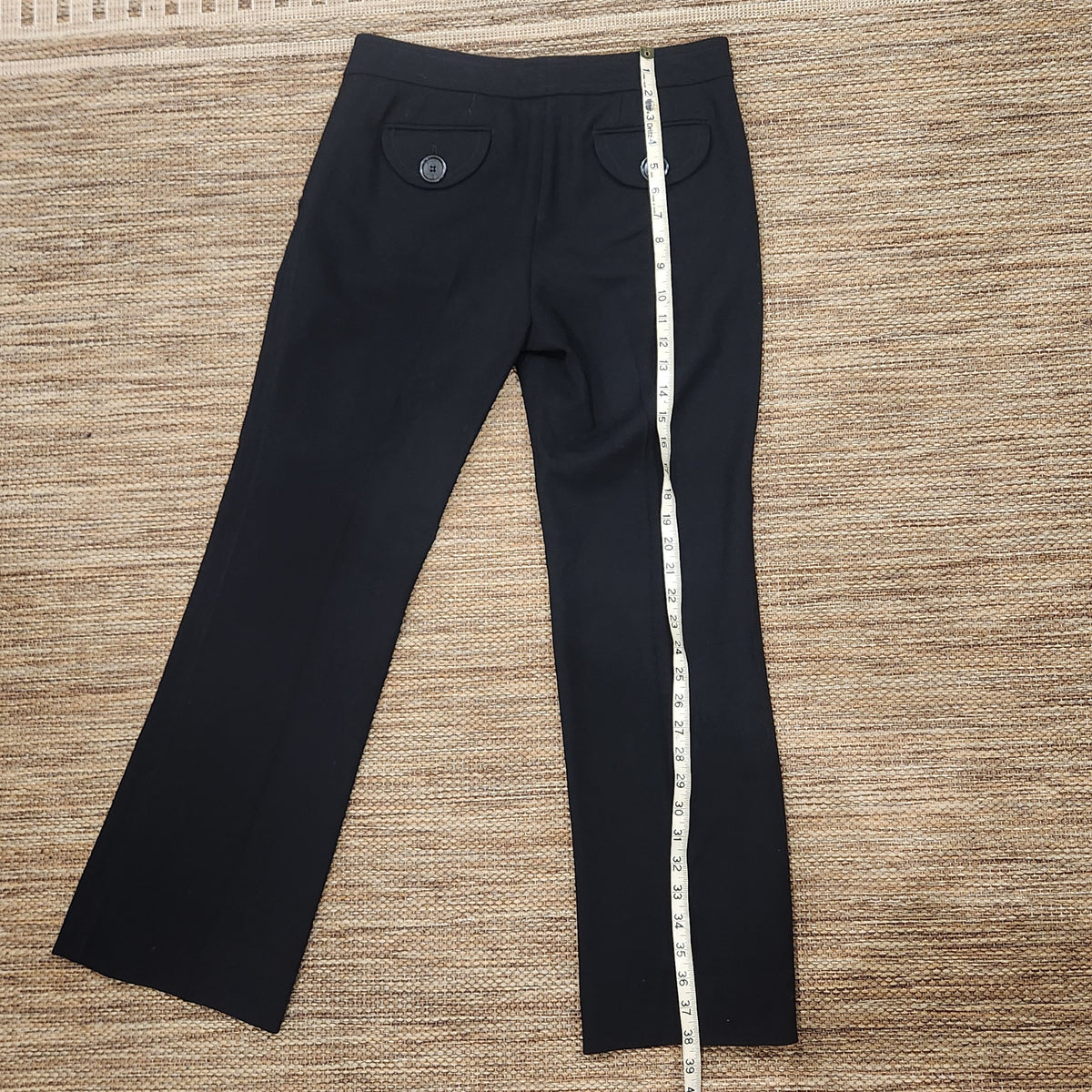 Lucille Golden Vintage, LLC black Marc Jacobs wool trousers with button-flap back pockets and measuring tape
