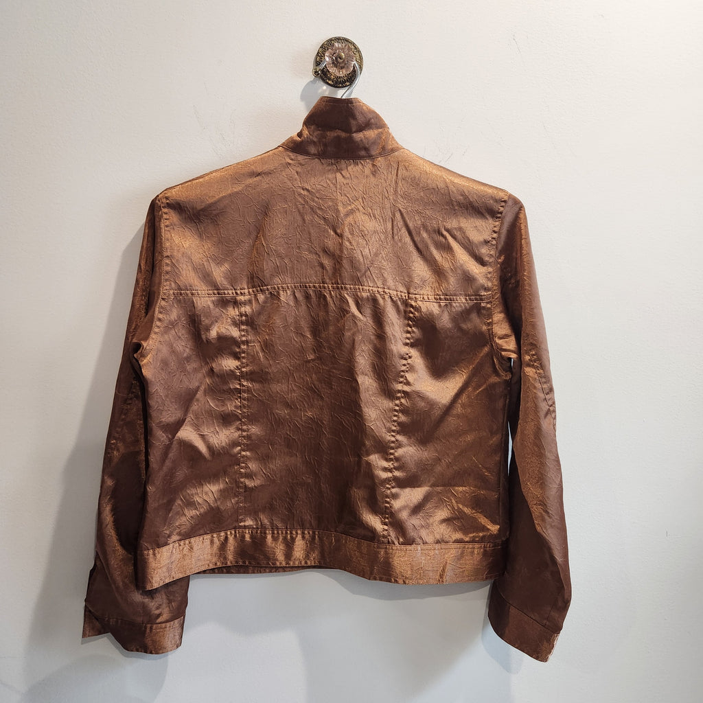 Lucille Golden Vintage, LLC metallic bronze collared jacket with a crinkled texture hanging against a white wall