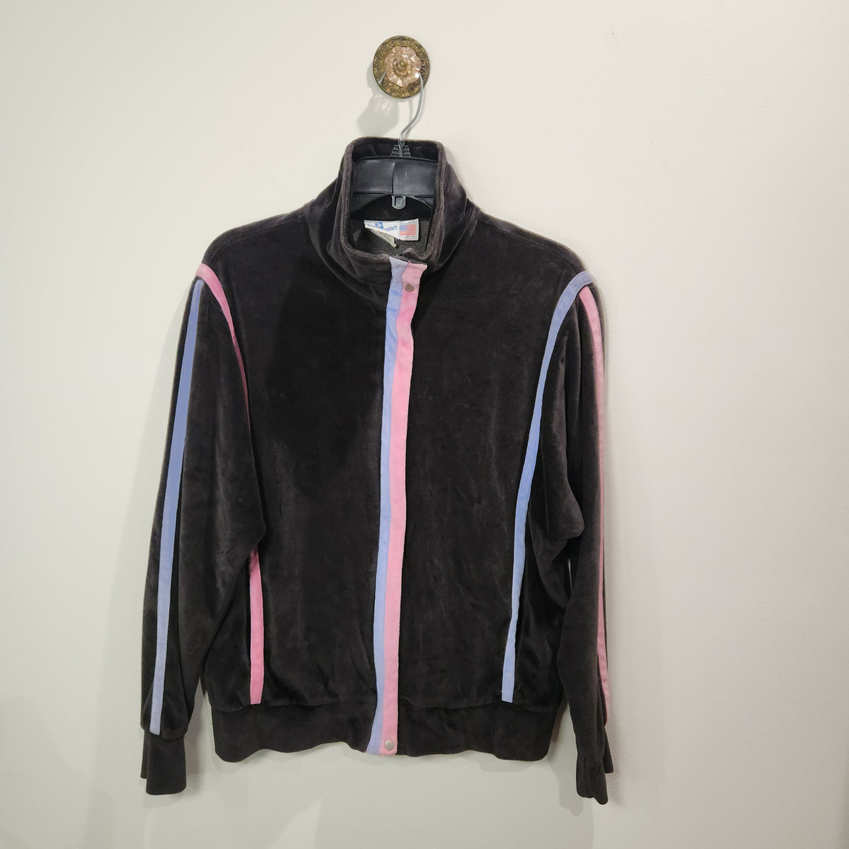 Lucille Golden Vintage, LLC dark brown velour track jacket with pastel pink and light blue racing stripes and mock neck.