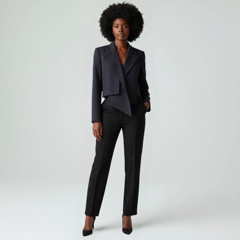 Lucille Golden Vintage, LLC Comme des Garçons navy cropped deconstructed tuxedo jacket with convertible lapel scarf.