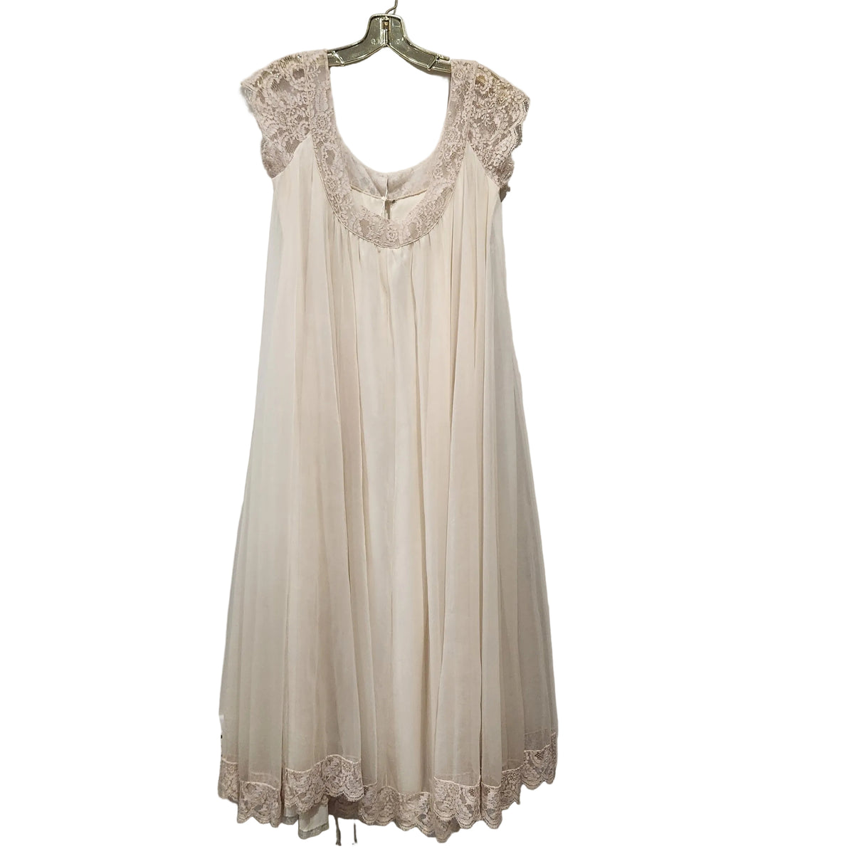 Lucille Golden Vintage, LLC cream sheer nightgown with delicate lace trim on the cap sleeves, neckline, and hem.