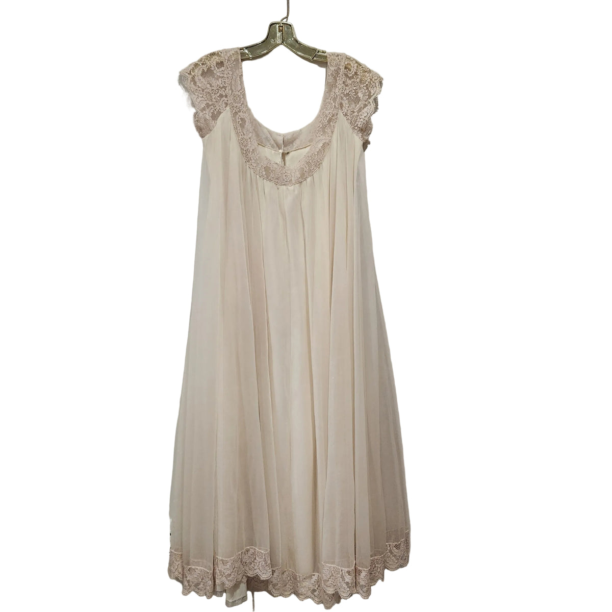 Lucille Golden Vintage, LLC cream sheer nightgown with delicate lace trim on cap sleeves, neckline, and hem.