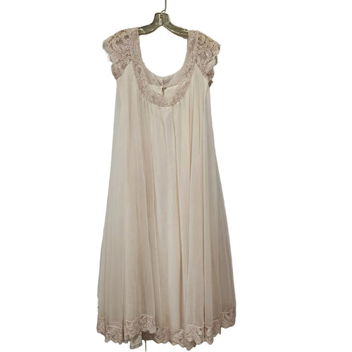 Lucille Golden Vintage, LLC cream sheer nightgown with delicate lace trim on cap sleeves, neckline, and hem.