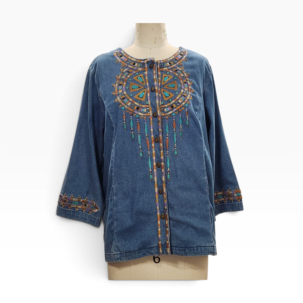 Lucille Golden Vintage, LLC Bob Mackie denim button-down shirt with turquoise, gold, and purple geometric embroidery.