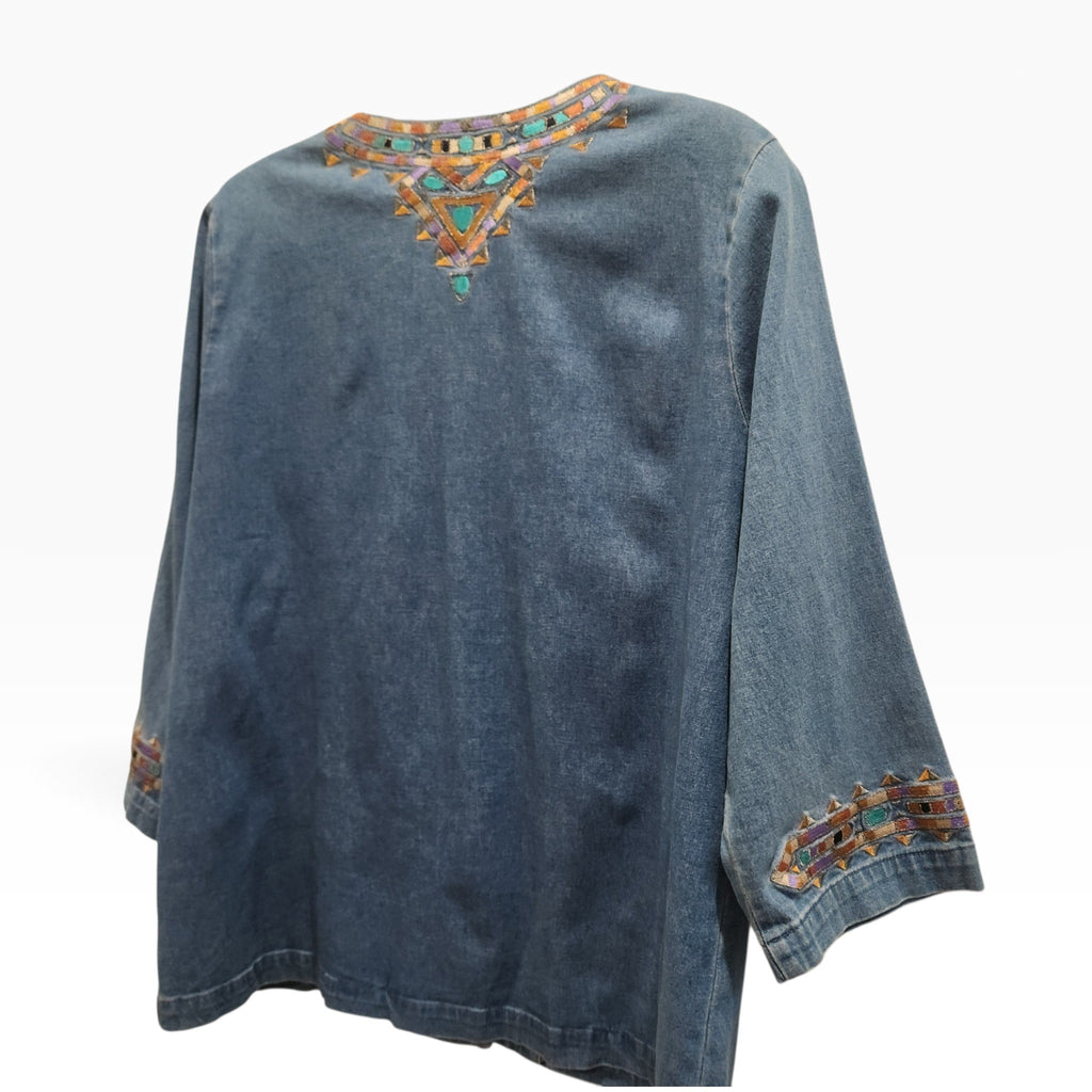 Lucille Golden Vintage, LLC Bob Mackie denim shirt with colourful geometric embroidery on the neckline and cuffs.