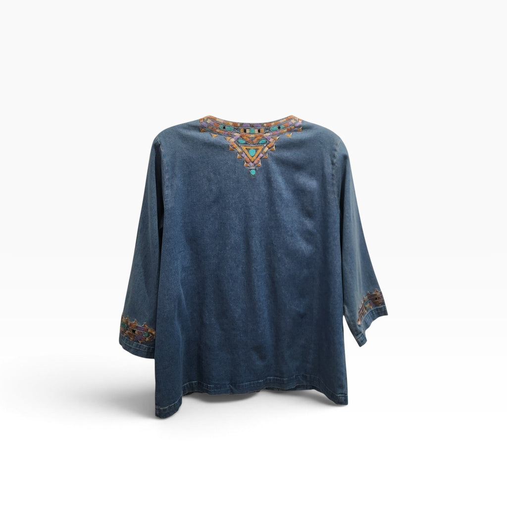 Lucille Golden Vintage, LLC Bob Mackie denim shirt with turquoise and gold geometric embroidery on the back neckline.