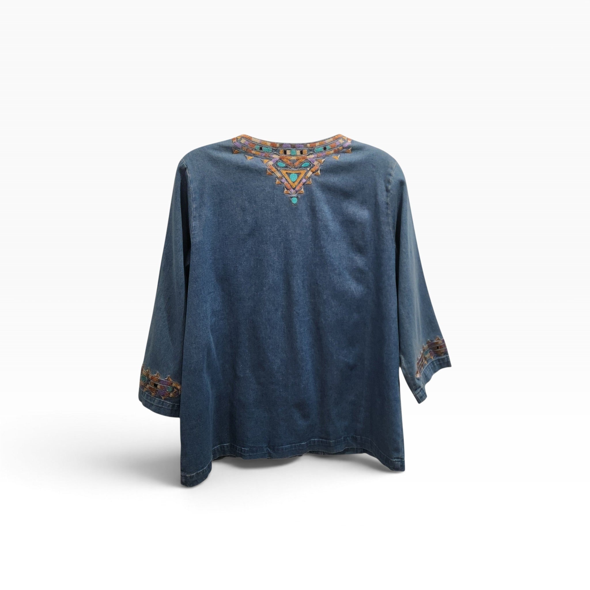 Lucille Golden Vintage, LLC Bob Mackie denim shirt with turquoise and gold geometric embroidery on the back neckline.