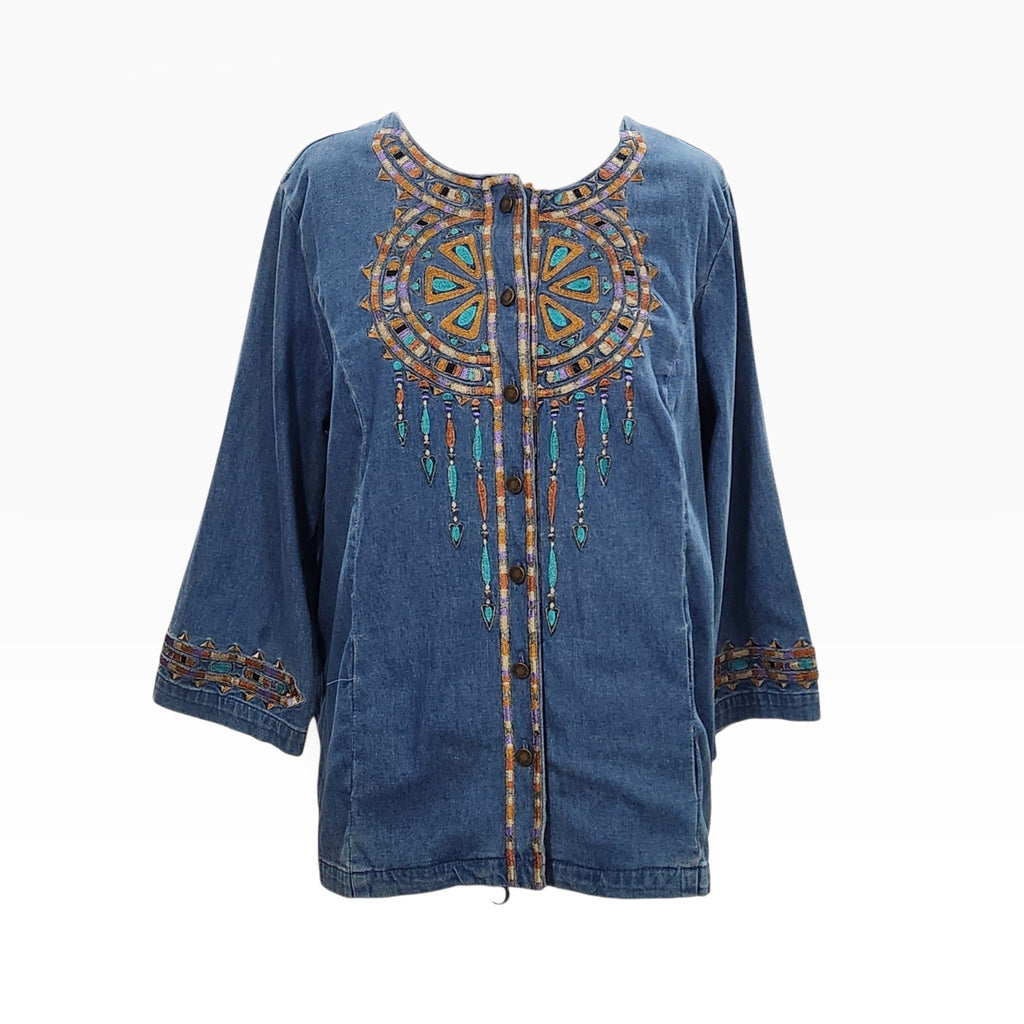 Lucille Golden Vintage, LLC Bob Mackie denim button-down shirt with vibrant turquoise and gold geometric embroidery.
