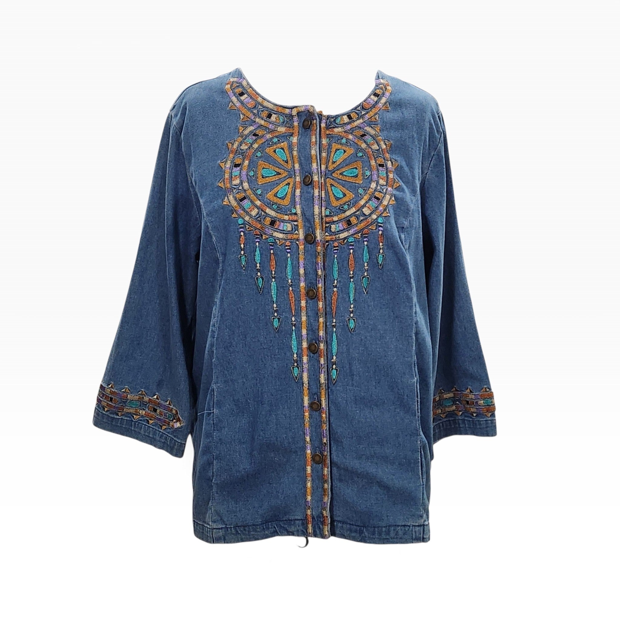 Lucille Golden Vintage, LLC Bob Mackie denim button-down shirt with vibrant turquoise and gold geometric embroidery.
