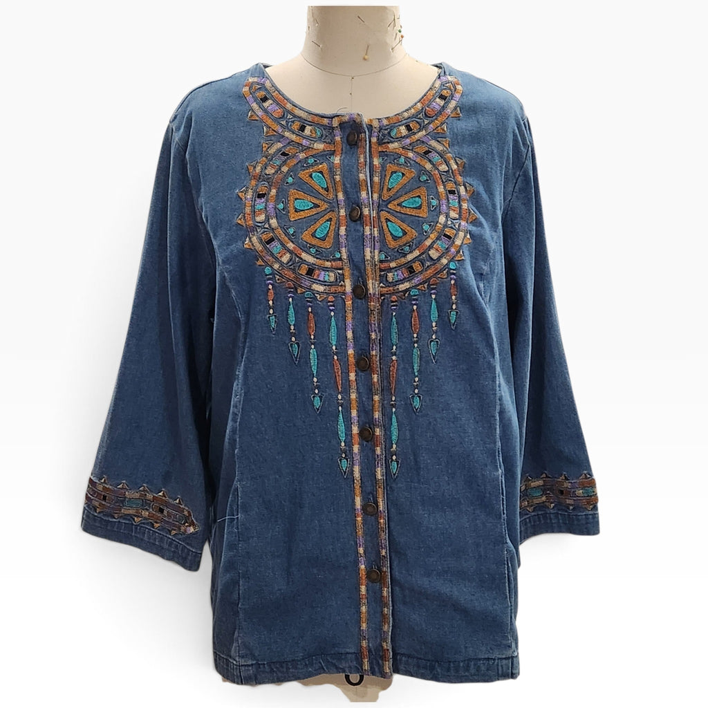 Lucille Golden Vintage, LLC Bob Mackie denim shirt with intricate turquoise and gold embroidery on a mannequin