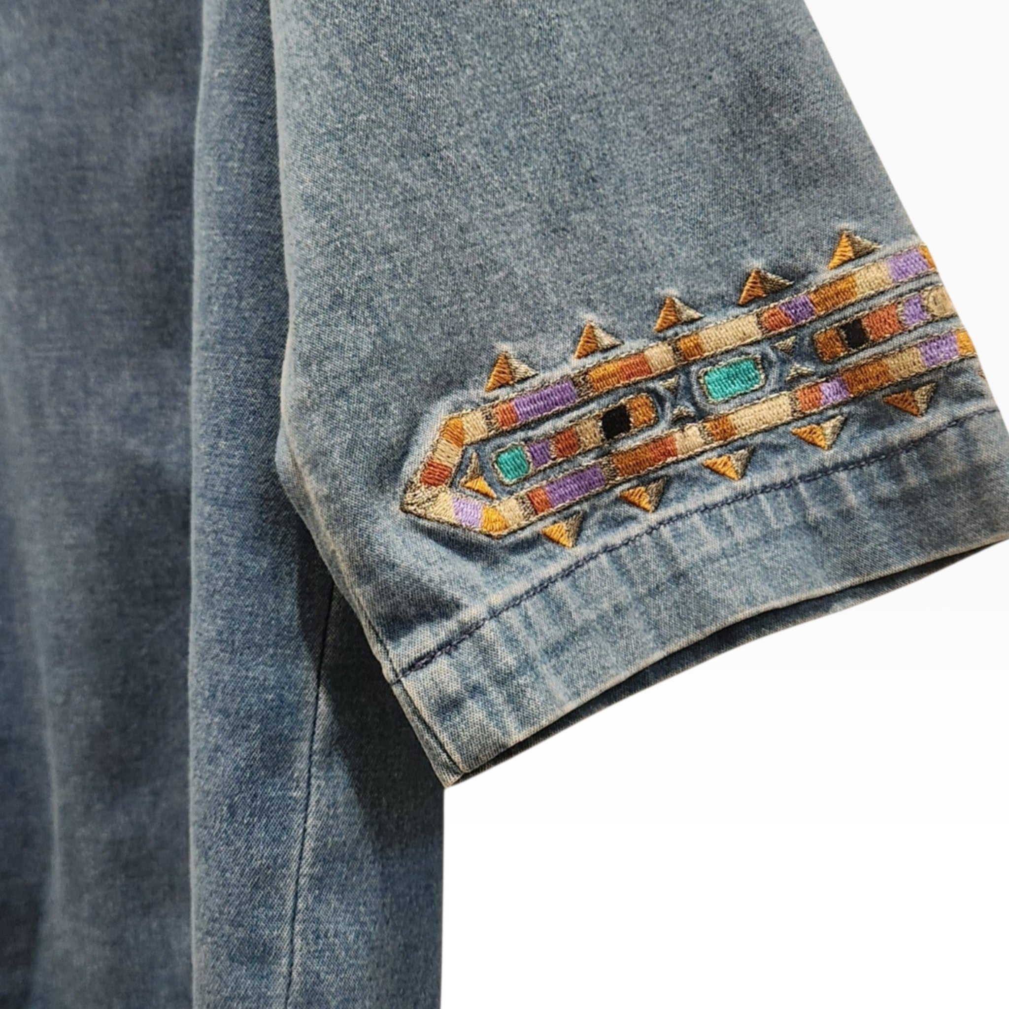 Lucille Golden Vintage, LLC Bob Mackie denim shirt sleeve with intricate turquoise, gold, and purple geometric embroidery