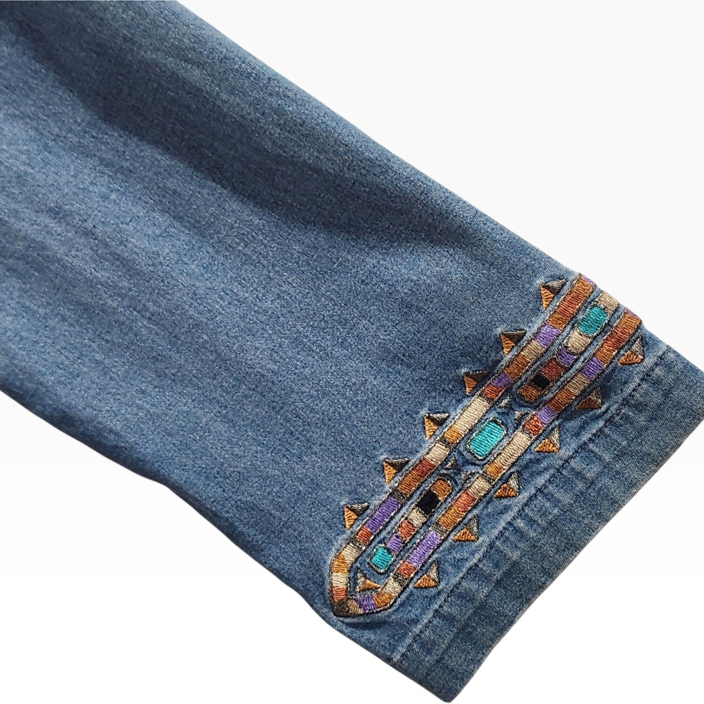 Lucille Golden Vintage, LLC Bob Mackie denim shirt sleeve with vibrant turquoise, gold, and purple geometric embroidery