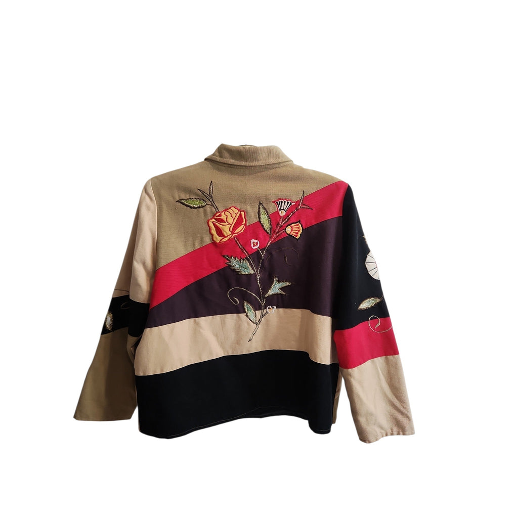 Lucille Golden Vintage, LLC patchwork jacket in tan, black, and red with intricate floral embroidery and button front.
