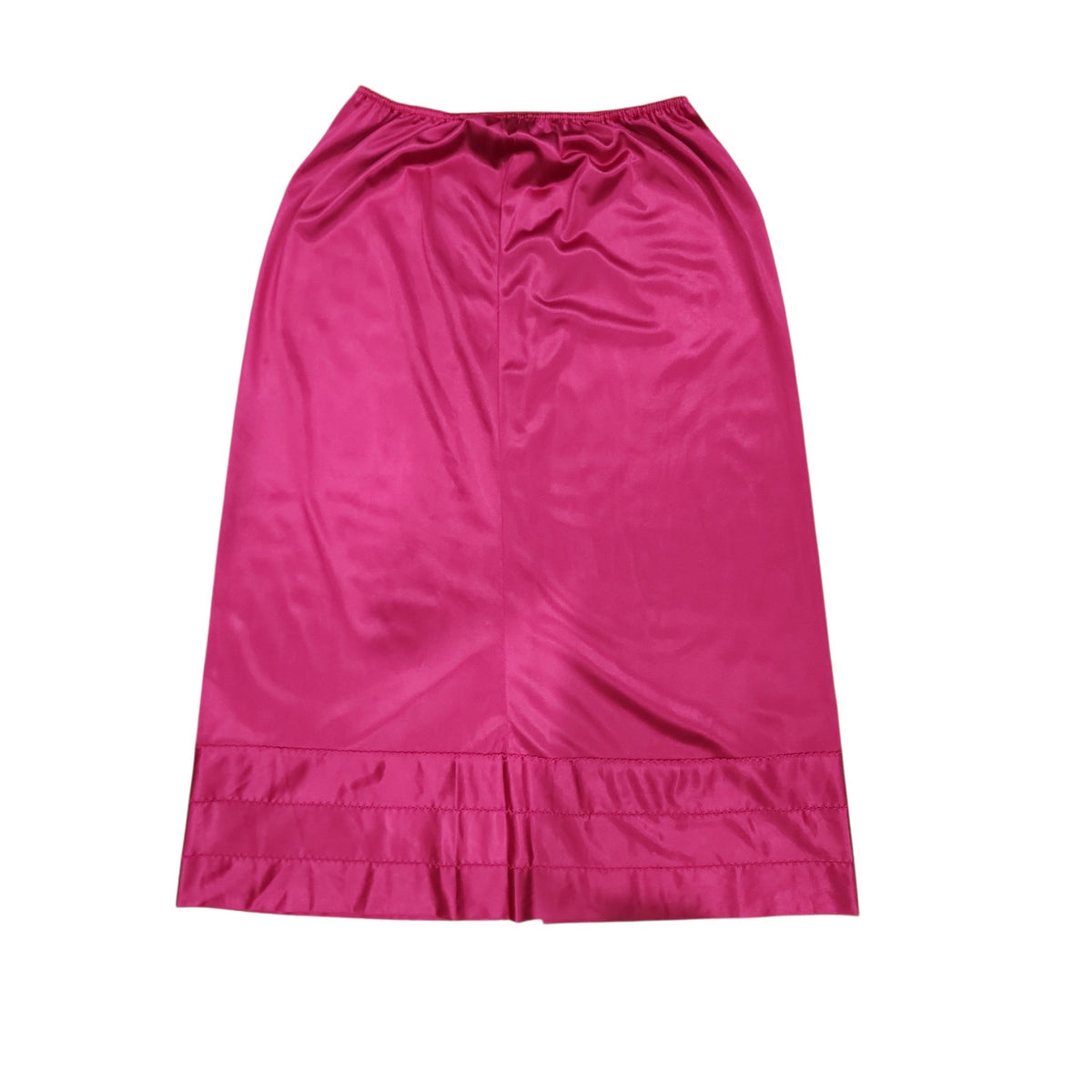 Lucille Golden Vintage, LLC fuchsia satin half slip with an elasticated waistband and stitched hem detail.