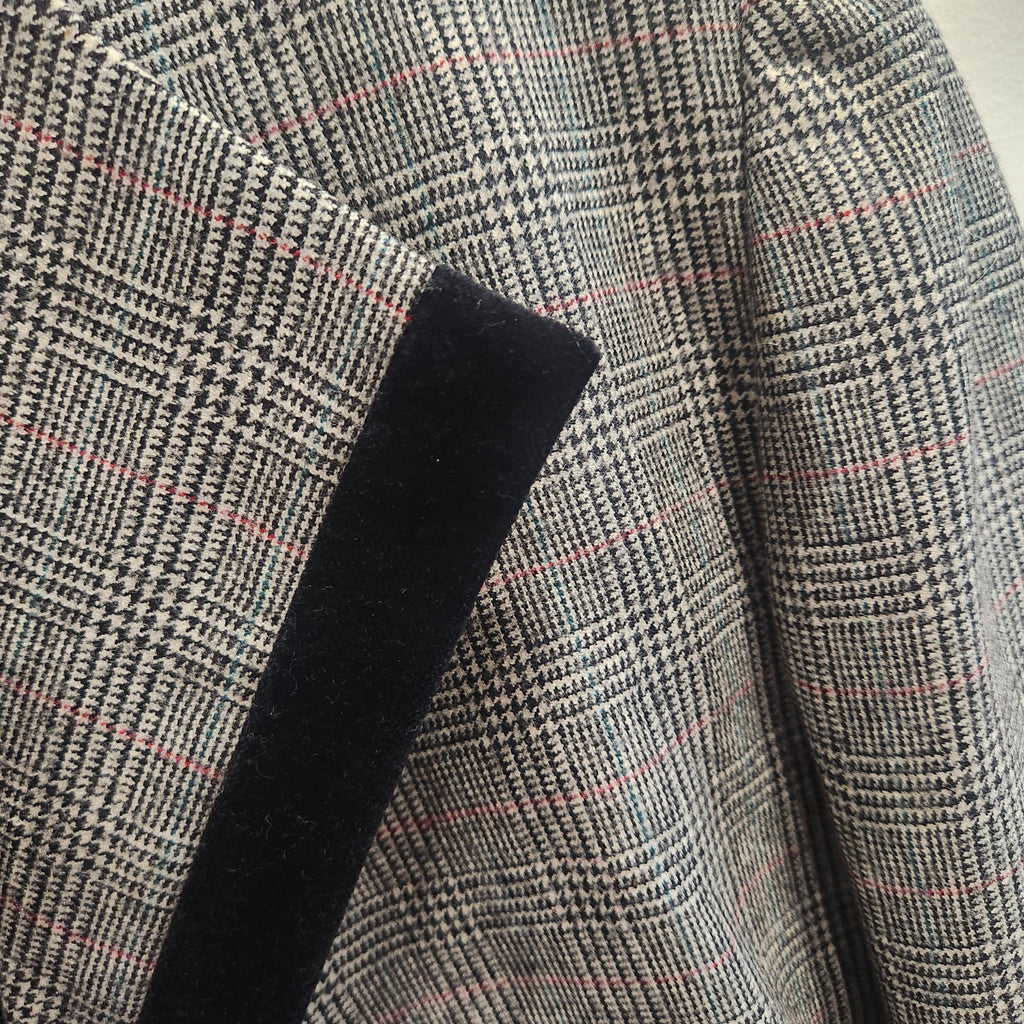 Lucille Golden Vintage, LLC Mort Schrader wool blazer in grey glen plaid with a contrasting black velvet lapel.