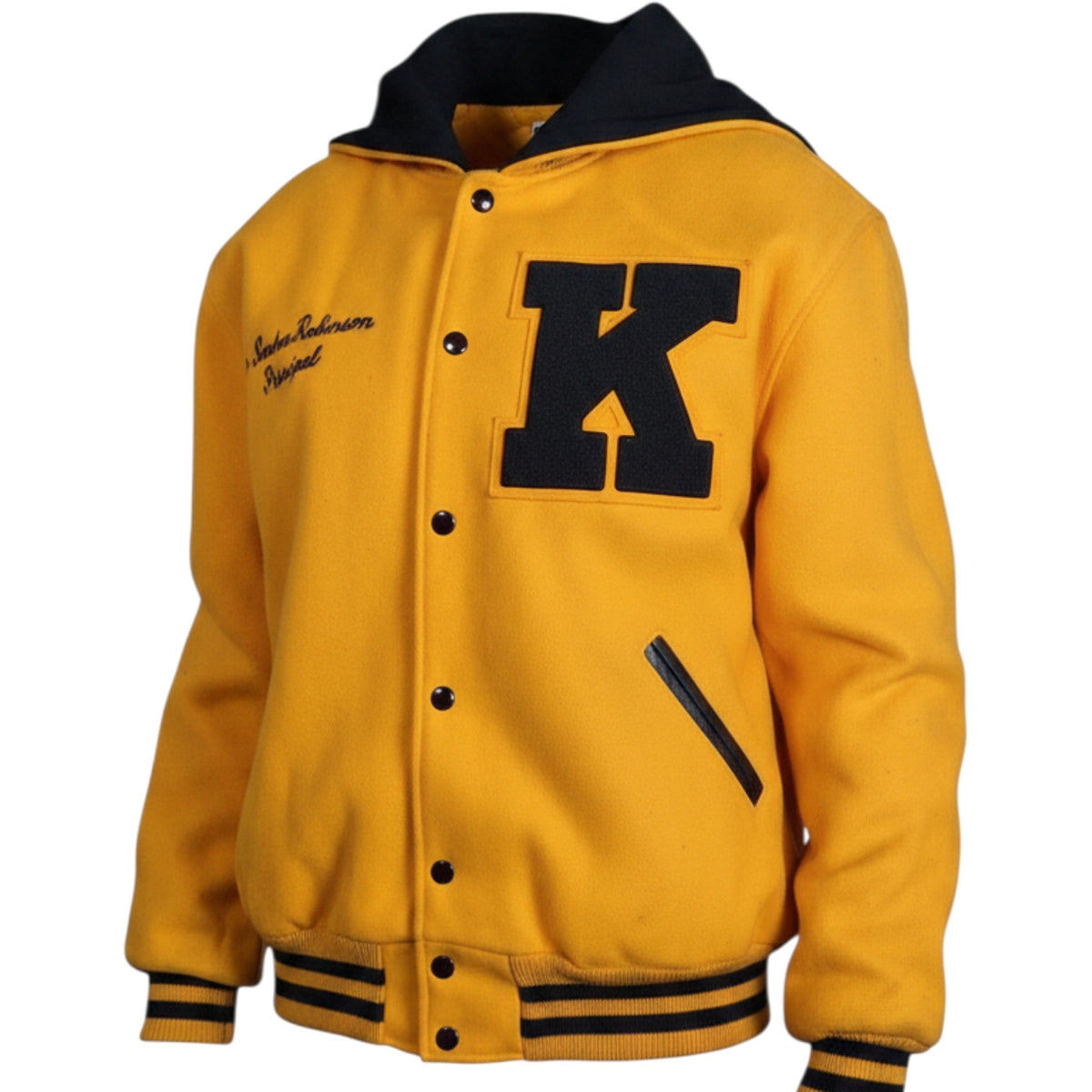 Lucille Golden Vintage, LLC 1990s gold and black wool varsity jacket with chenille K patch and black hooded collar.