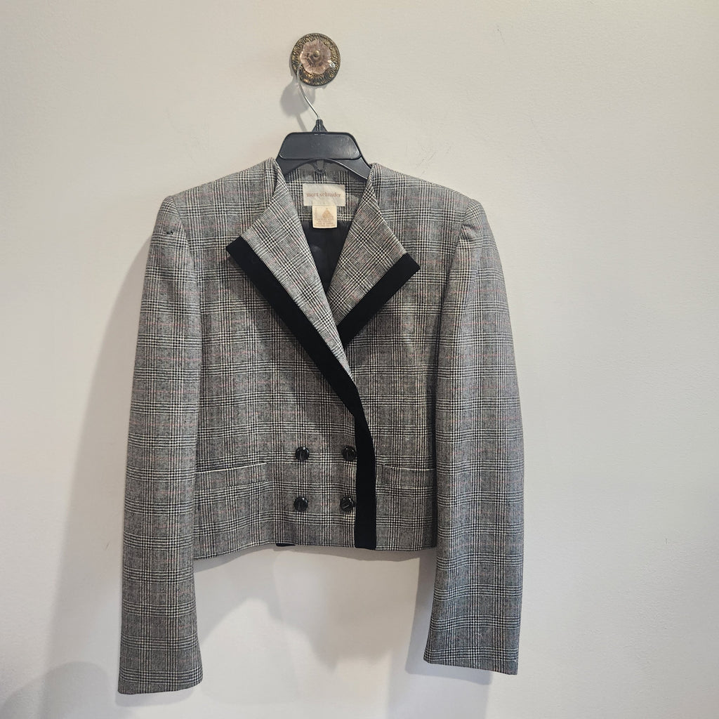Lucille Golden Vintage, LLC Mort Schrader grey glen plaid wool cropped blazer with black velvet lapel trim
