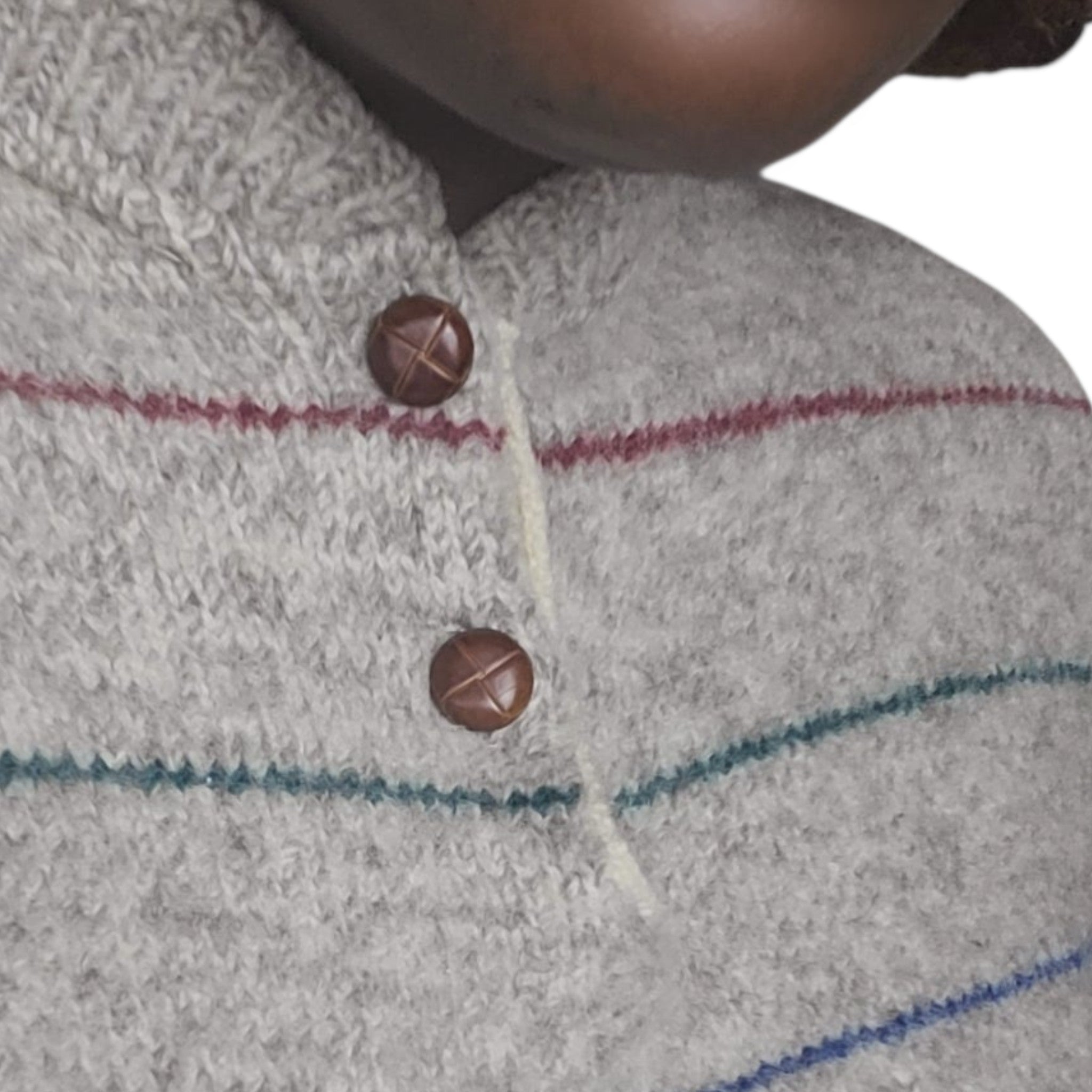 Lucille Golden Vintage, LLC vintage grey wool sweater with thin colourful stripes and a button-up mock neck collar