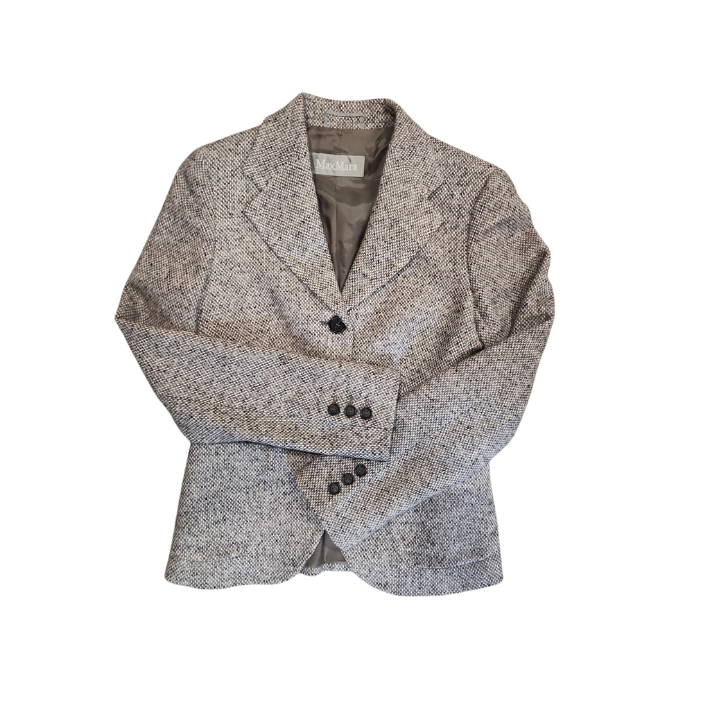 Lucille Golden Vintage, LLC Max Mara grey and black salt-and-pepper wool-blend tailored blazer with notched lapels.