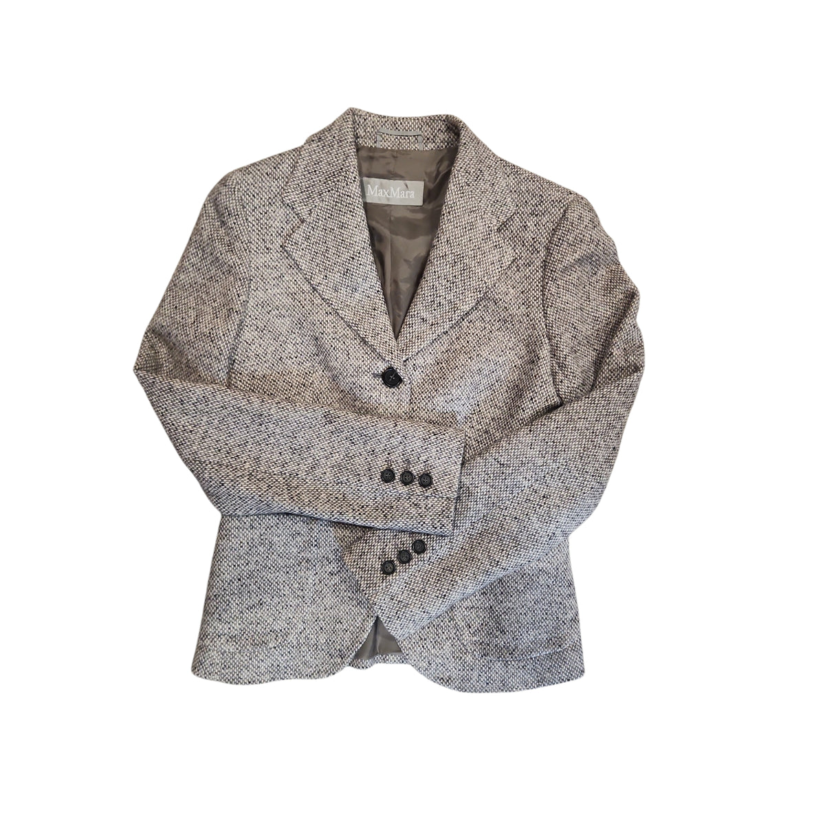 Lucille Golden Vintage, LLC Max Mara grey and black salt-and-pepper wool-blend tailored blazer with notched lapels.