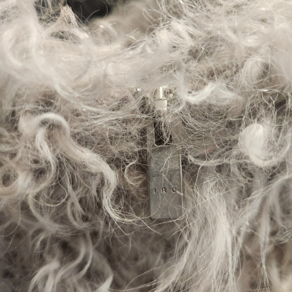 Lucille Golden Vintage, LLC IRO lamb fur jacket featuring a detailed view of the branded silver metal zipper pull