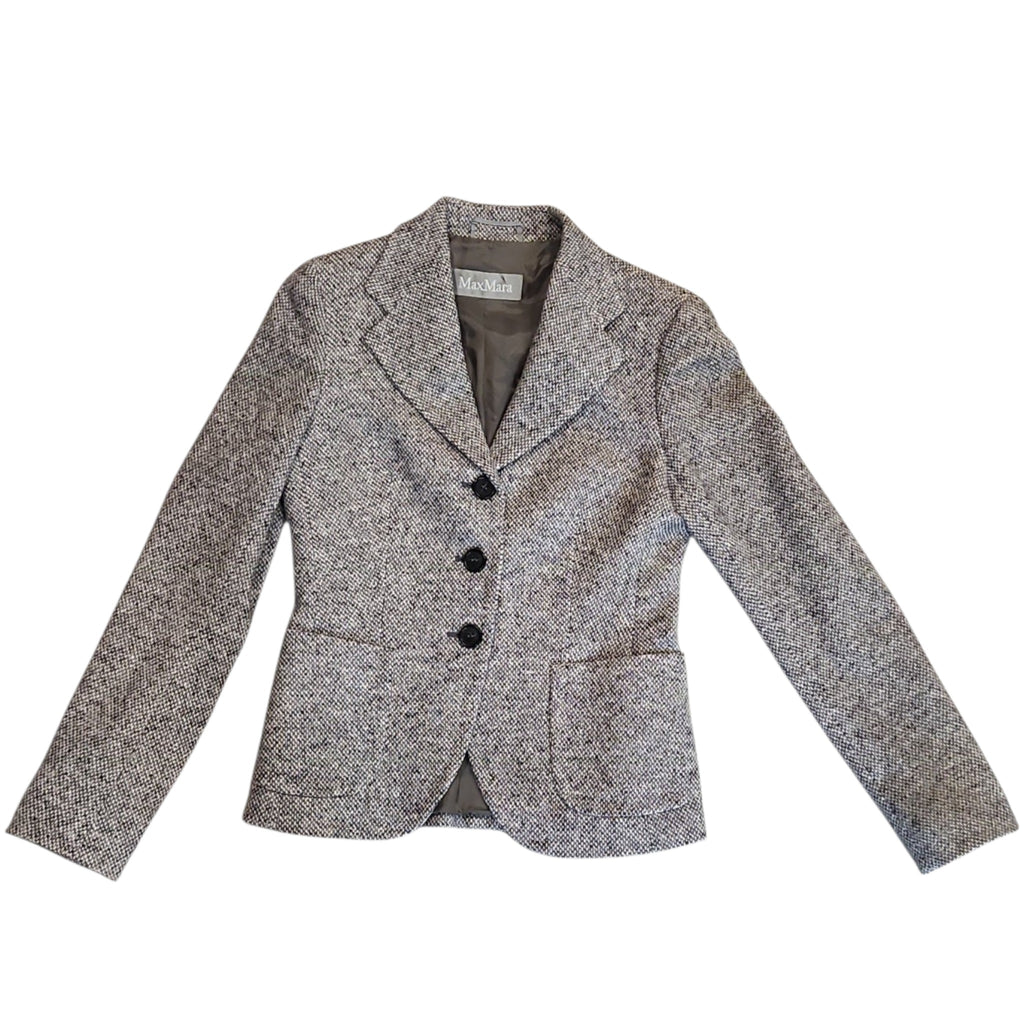 Lucille Golden Vintage, LLC Max Mara grey and black salt-and-pepper wool-blend tailored blazer with three-button front