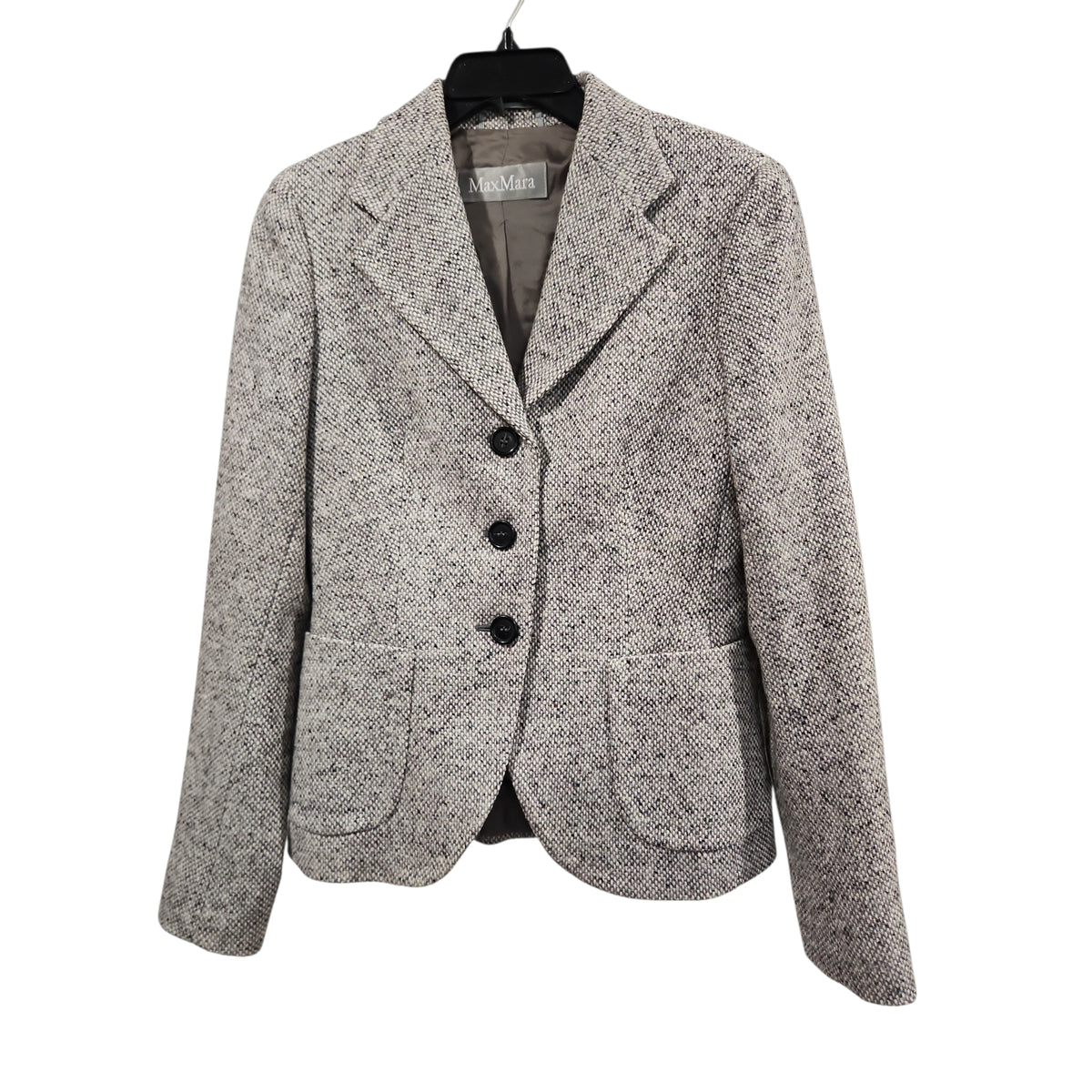 Lucille Golden Vintage, LLC Max Mara grey and black salt-and-pepper wool-blend blazer with notched lapels.