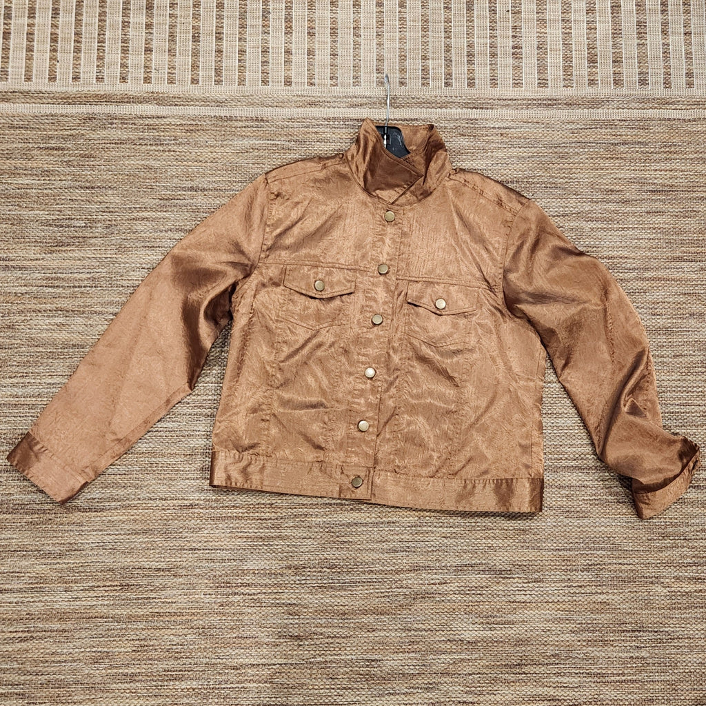Lucille Golden Vintage, LLC metallic bronze button-up jacket with a crinkled texture, collar, and two chest pockets.