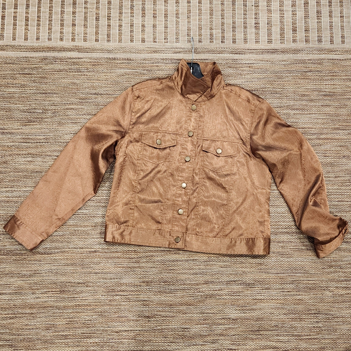 Lucille Golden Vintage, LLC metallic bronze button-up jacket with a crinkled texture, collar, and two chest pockets.