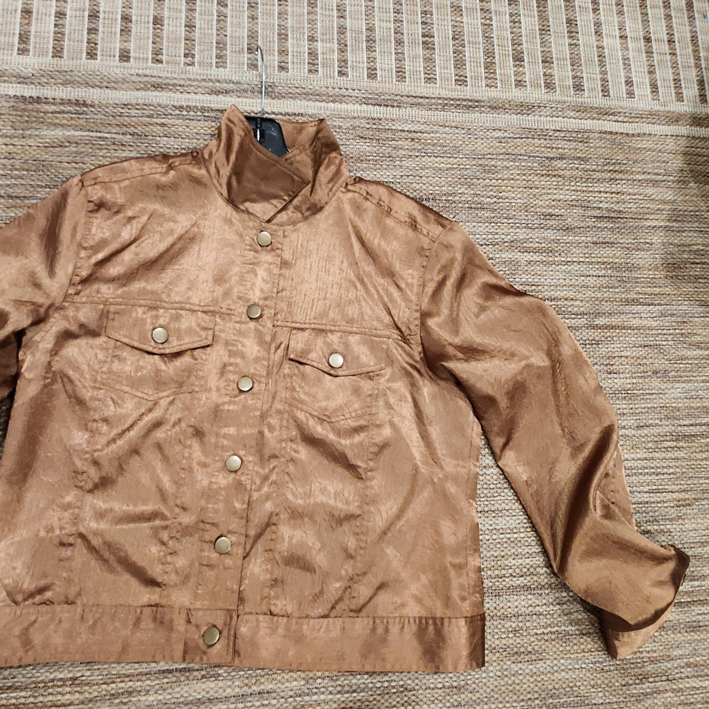 Lucille Golden Vintage, LLC metallic bronze button-up jacket with a crinkled texture, structured collar, and pockets.