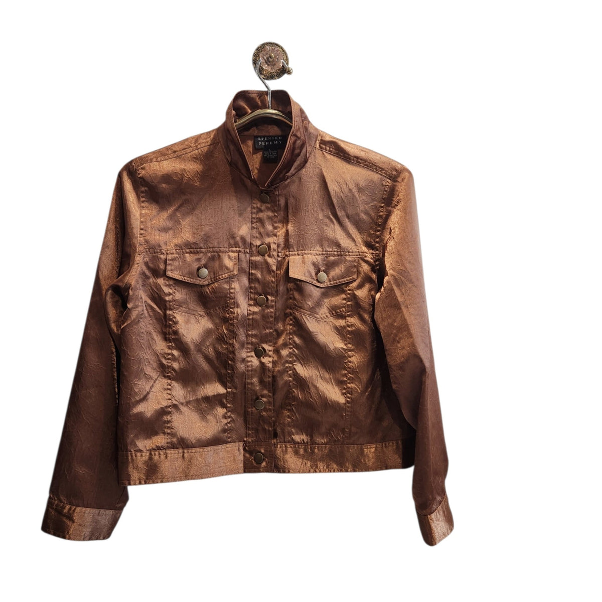 Lucille Golden Vintage, LLC metallic bronze button-up jacket with a crinkled texture, structured collar, and chest pockets