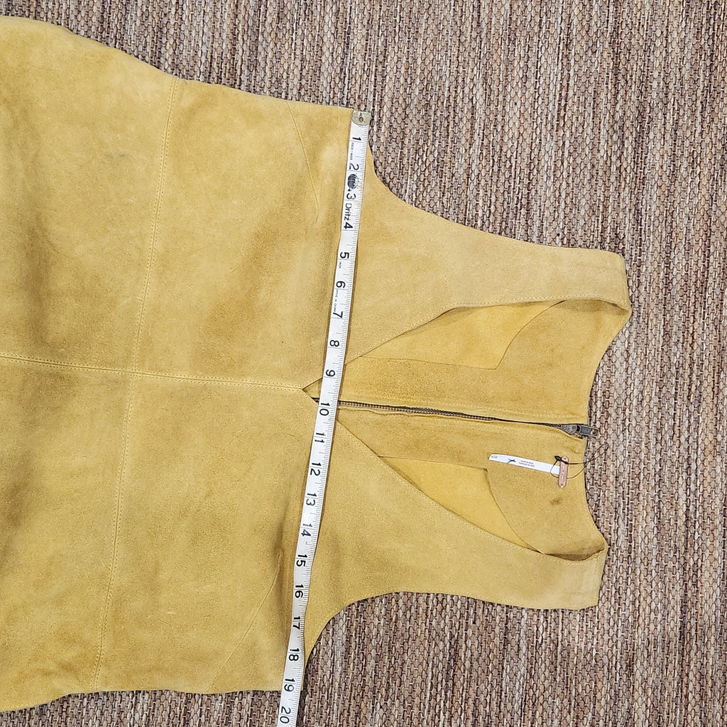 Lucille Golden Vintage, LLC mustard yellow suede mini dress with V-neckline and front zipper detail