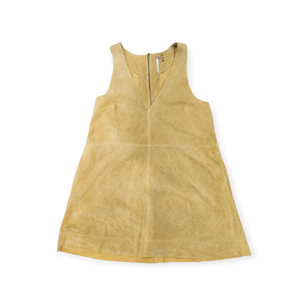Lucille Golden Vintage, LLC mustard yellow suede mini dress with a sleeveless V-neckline and front zipper detail.