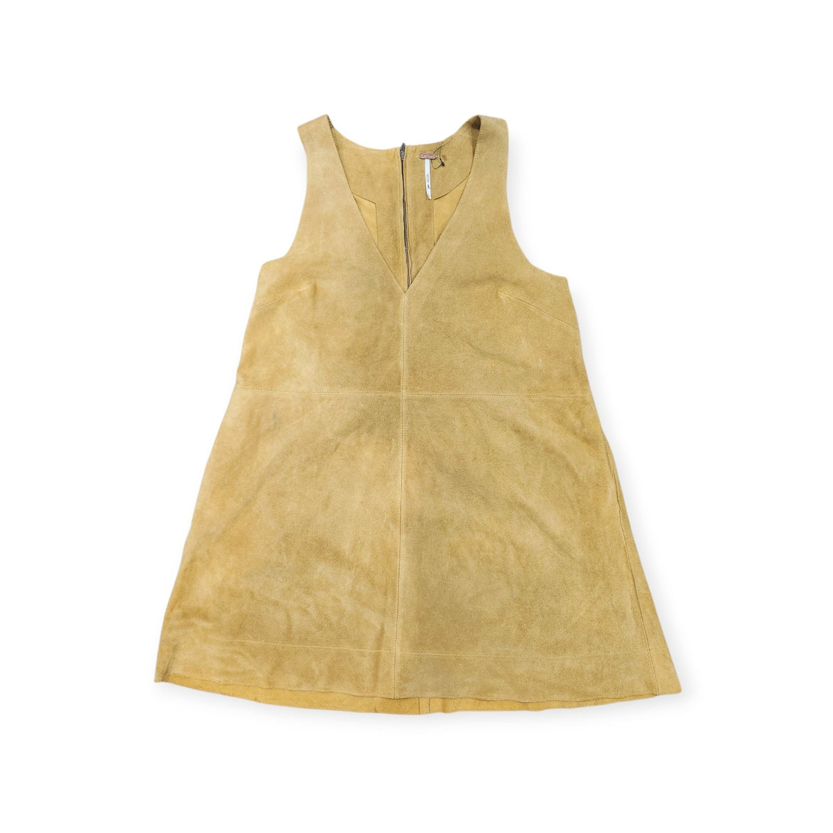Lucille Golden Vintage, LLC mustard yellow suede mini dress with a sleeveless V-neckline and front zipper detail.