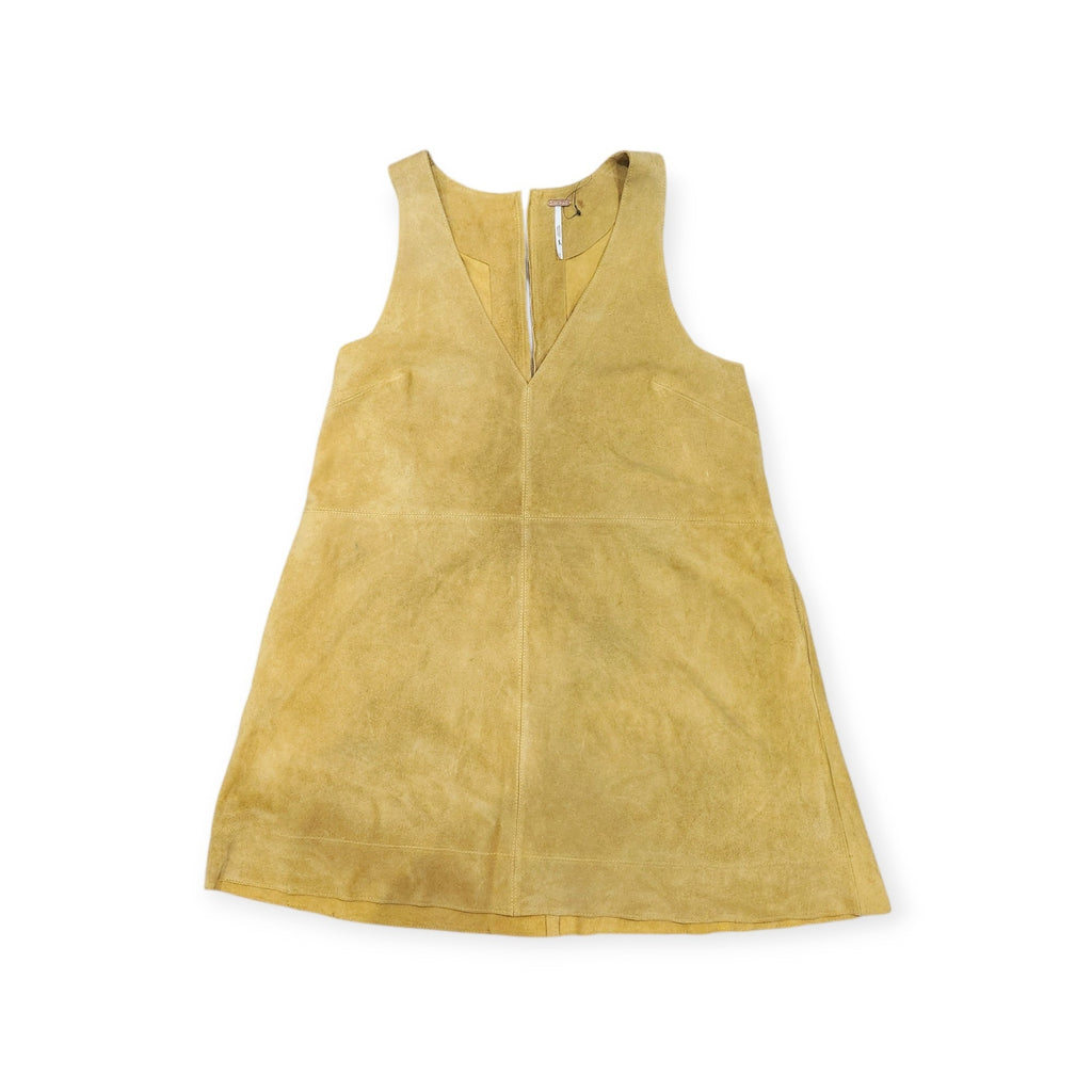 Lucille Golden Vintage, LLC mustard yellow suede mini dress with a sleeveless V-neckline and front zipper detail.