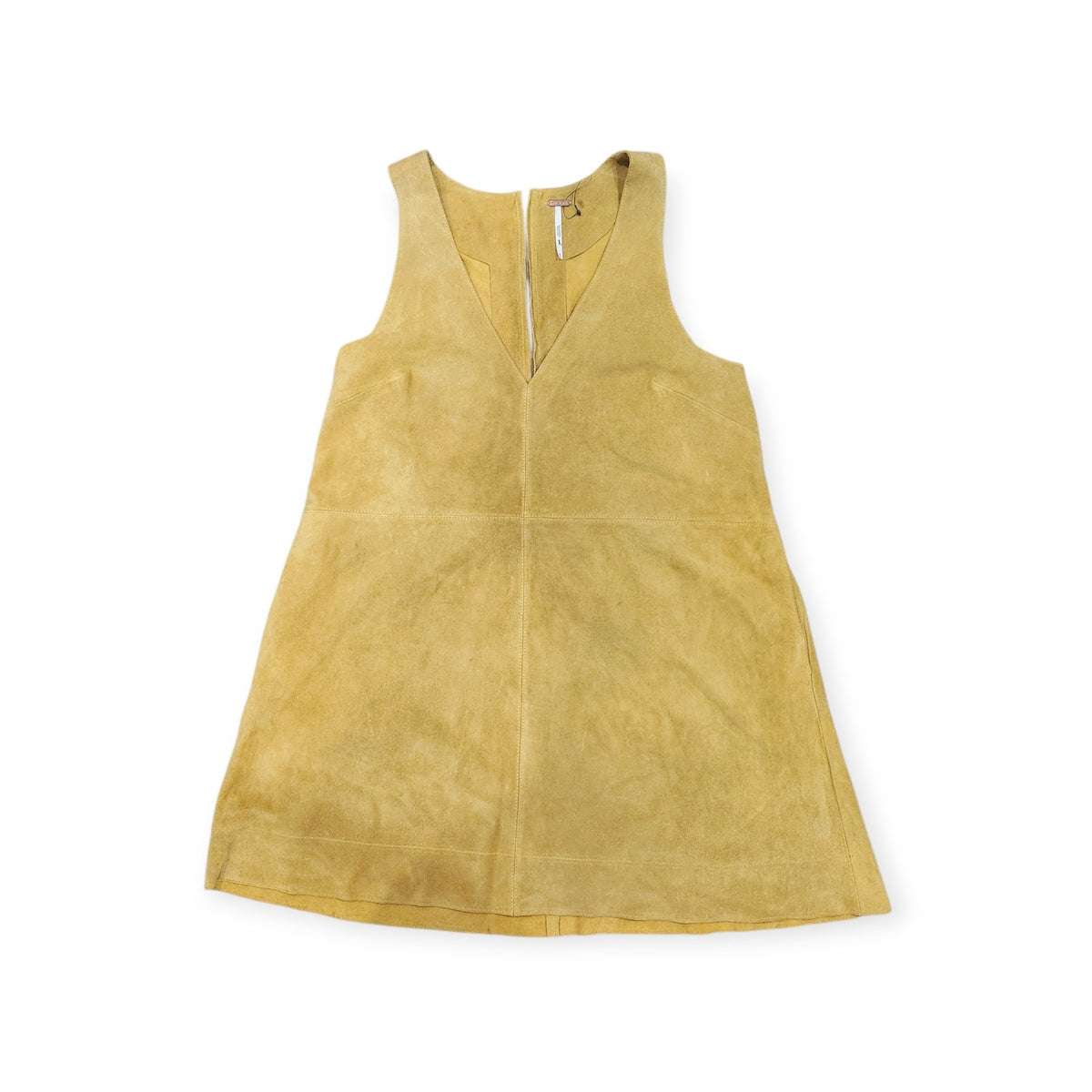 Lucille Golden Vintage, LLC mustard yellow suede mini dress with a sleeveless V-neckline and front zipper detail.