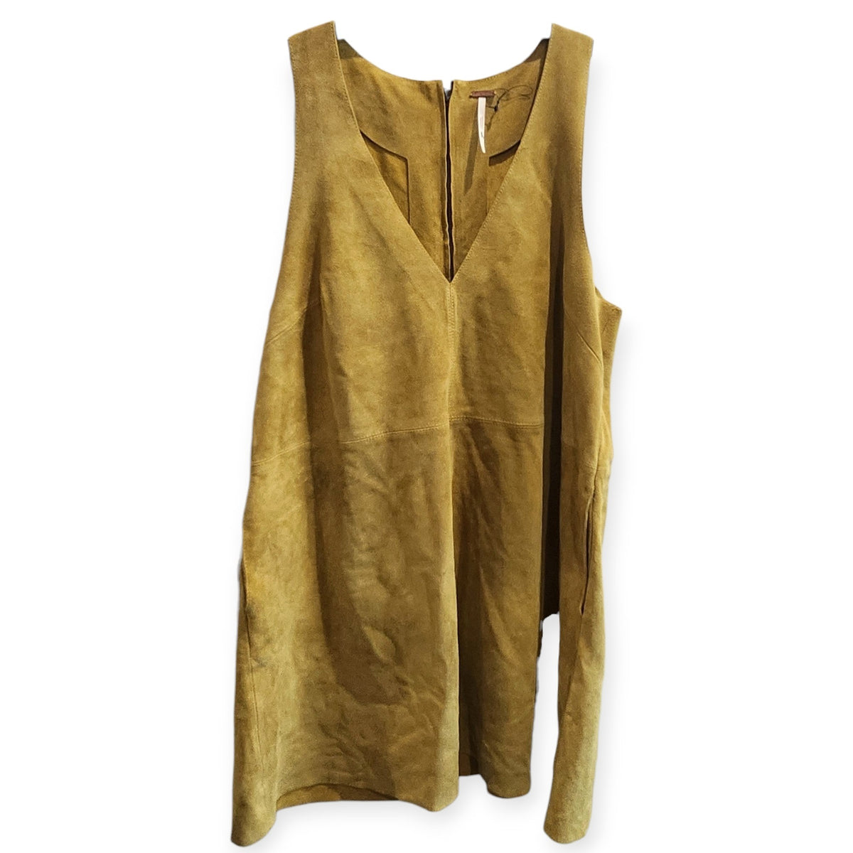 Lucille Golden Vintage, LLC mustard yellow suede mini dress with a V-neckline, sleeveless cut, and front zipper.