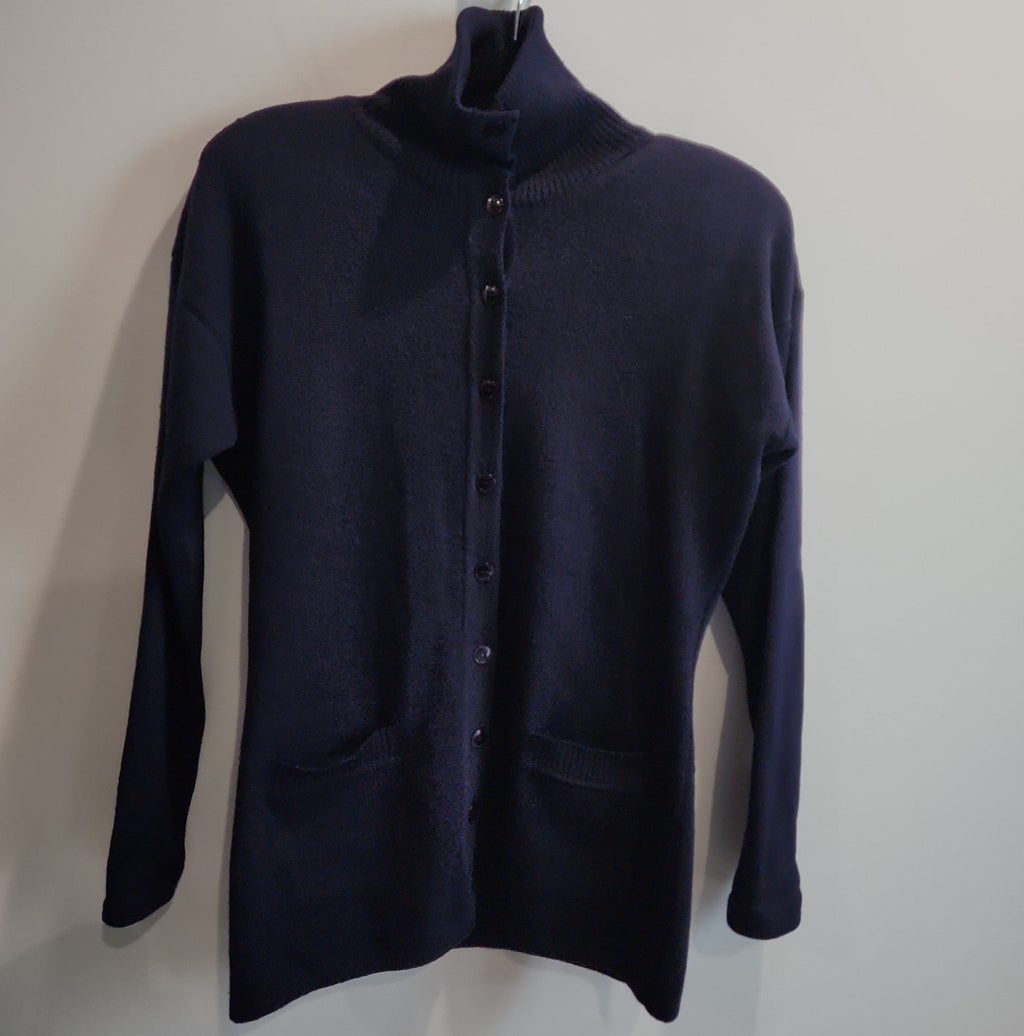 Lucille Golden Vintage, LLC navy blue mock-neck button-down cardigan with front pockets and fine-knit texture.