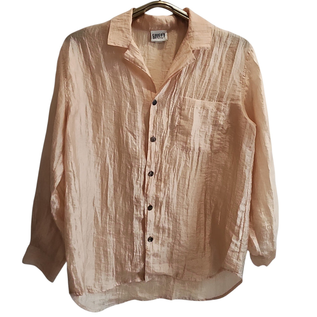 Lucille Golden Vintage, LLC peach crinkled long sleeve button down shirt with a classic collar and chest pocket.