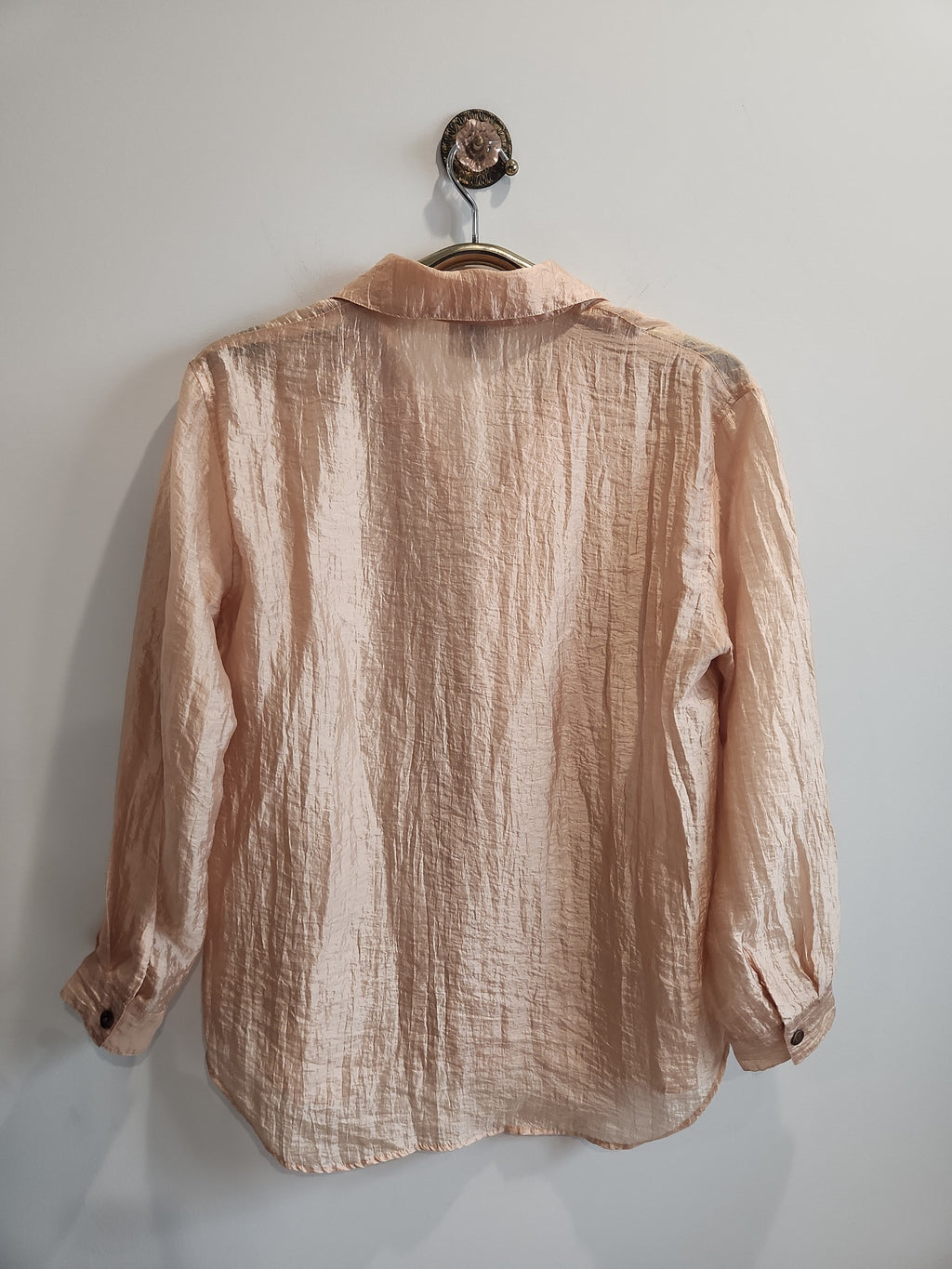 Lucille Golden Vintage, LLC peach crinkled long sleeve button-down shirt with a semi-sheer texture, back view.