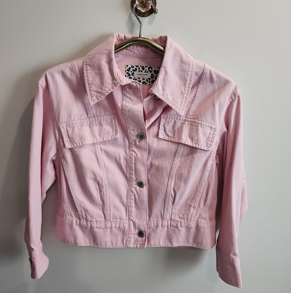 Lucille Golden Vintage, LLC pastel pink cropped denim jacket with button-front and leopard print neck label.