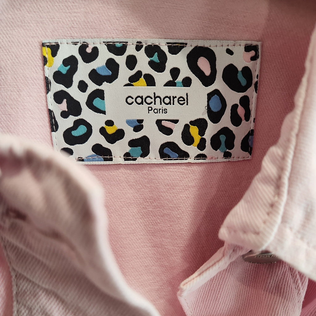 Lucille Golden Vintage, LLC pastel pink denim jacket featuring a vibrant leopard print Cacharel Paris neck label
