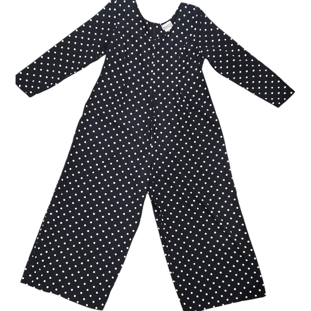 Lucille Golden Vintage, LLC black and white polka dot long sleeve wide-leg jumpsuit with back zipper closure